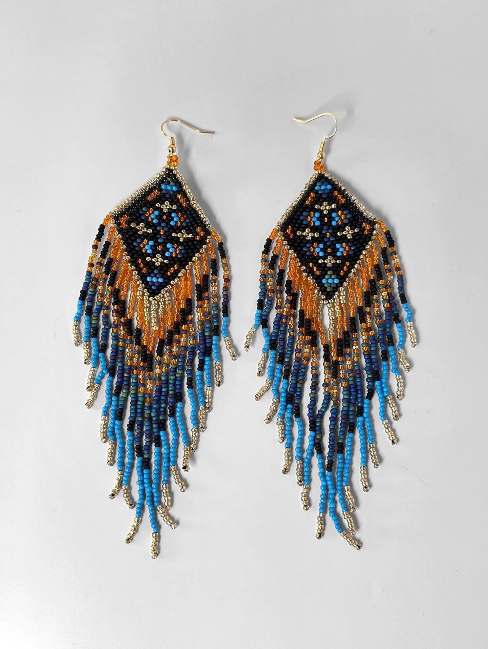 Handmade Dia Royal Boho Fringe Beaded Earrings - Orange Blue Black